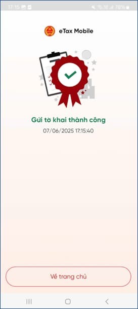 Gửi tờ khai sau xác thực sinh trắc học thành công