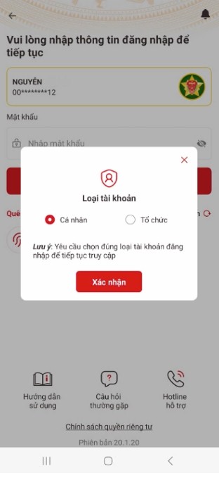 Chọn loại tài khoản cá nhân eTax Mobile