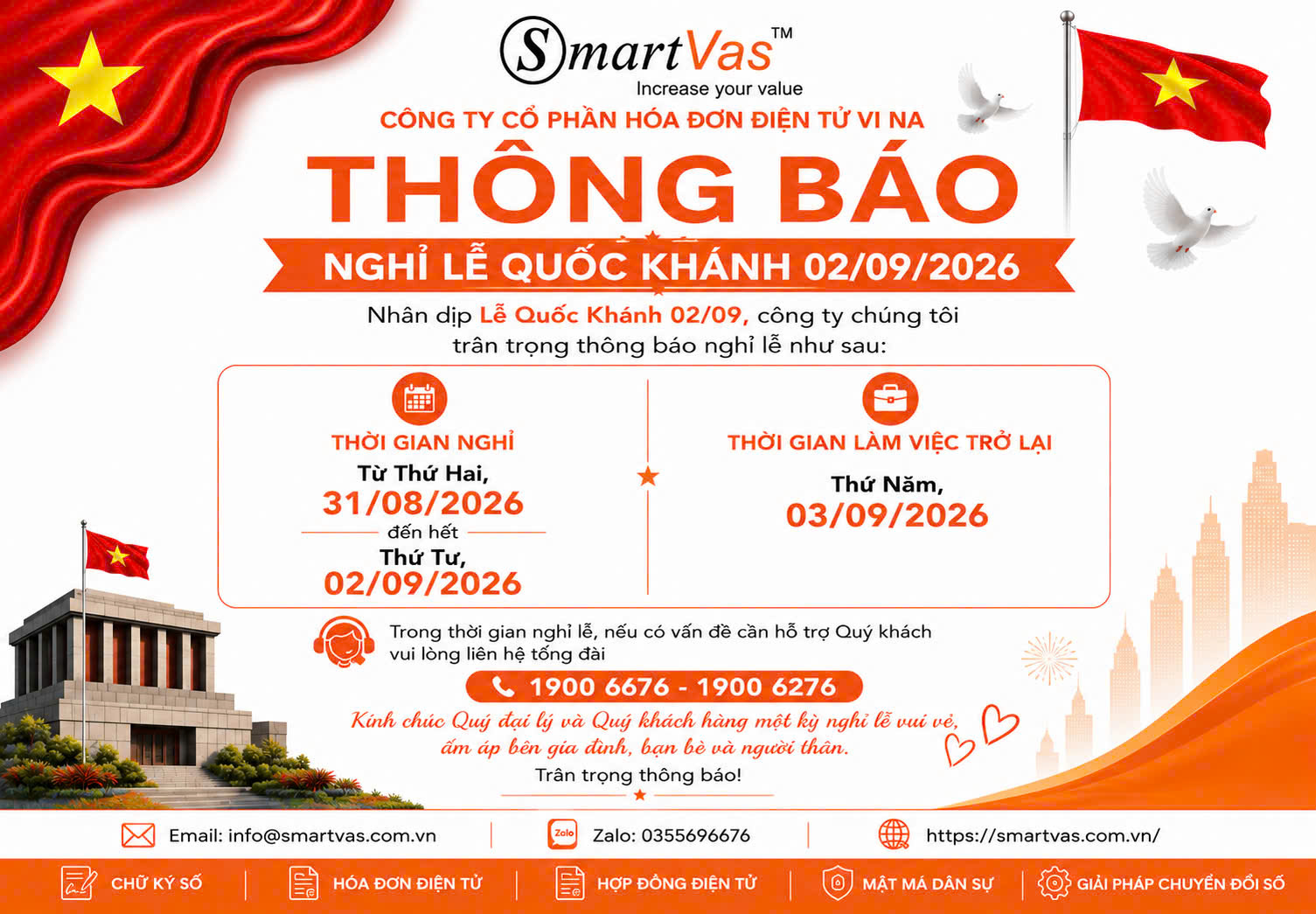 Thông báo nghỉ lễ Quốc khánh 02/09/2026